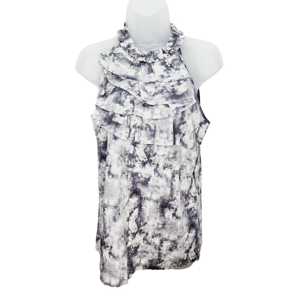 Women's M Linen Blend Ruffle Tank Black  Tie Dye Boho Chic Summer Modern